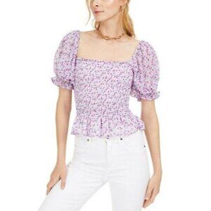 Leyden Purple Floral Smocked Short Sleeve Blouse XS